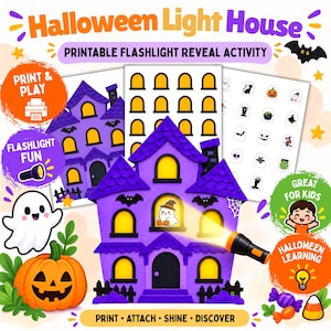 May include: A printable Halloween Light House flashlight reveal activity set featuring a purple haunted house with yellow windows, a ghost, a pumpkin, and various Halloween-themed icons. The text reads Halloween Light House, Print & Play, Flashlight Fun, Great for Kids, Halloween Learning, and Print, Attach, Shine, Discover.