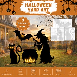 May include: Halloween yard art digital templates featuring three designs: a bat, a cat, and a witch with a cauldron. The set includes instructions for downloading, printing, joining, transferring, cutting, and finishing the projects for 1-10ft displays.