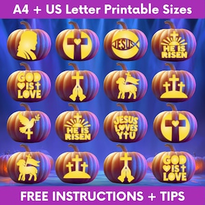 May include: A collection of sixteen orange pumpkins featuring yellow carved religious silhouettes including crosses, praying hands, a lamb, a dove, and text such as God Is Love, Jesus, and He Is Risen. The image includes A4 and US Letter printable sizes.