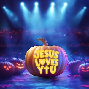 May include: A large orange pumpkin with the glowing yellow text JESUS LOVES Y+U carved into the front, surrounded by four smaller carved jack-o'-lanterns with glowing eyes and mouths, set against a dark blue background with bright spotlights.