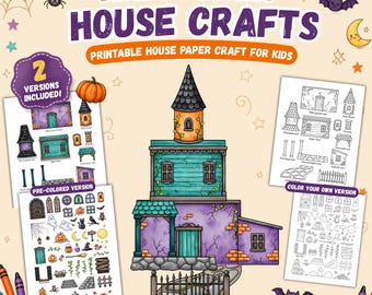May include: A printable Halloween house paper craft kit for children featuring a multi-storey haunted house illustration with a purple and teal facade, a stone base, and a black fence. Includes pre-coloured and black-and-white colouring pages.