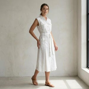 Elfenbeinfarbenes Leinenhemdkleid, ärmellos, mit Kragen und Gürtel, Utility-Midi-Länge, vier aufgesetzte Taschen, Knopfleiste, Safari-Cargo-Sommerkleid für Damen