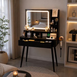 3 colors LED Vanity Table with Lighted Mirror, 2 Drawers, 3 Color Lighting Modes and Built In Power Outlet, Makeup Dressing Desk