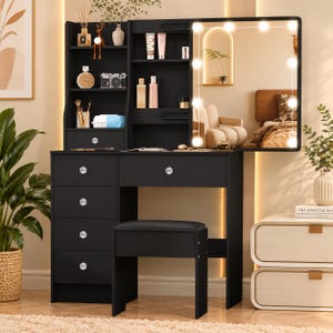 Black Vanity Set with Sliding LED Mirror, 6 Drawer Dressing Table Desk with Stool, Makeup Vanity for Bedroom