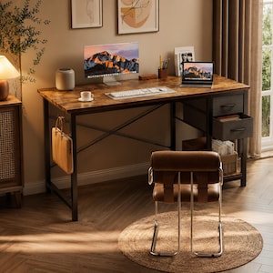 Computer Desk with 2 Drawers, 47 Inch Wood Office Desk with Storage Shelf, Modern Study Gaming Table for Home Office