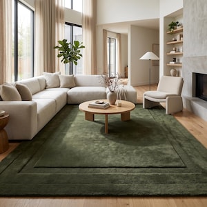 Handmade Tufted Rug, Double Border Rectangle, Olive Green Wool, Minimalist Sculpted Pile, Japandi Living Room Bedroom Carpet