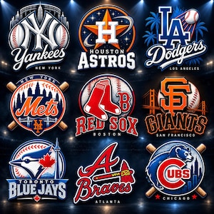 Könnte beinhalten: Eine Sammlung von neun Logos der Major League Baseball-Teams, darunter die New York Yankees, Houston Astros, Los Angeles Dodgers, New York Mets, Boston Red Sox, San Francisco Giants, Toronto Blue Jays, Atlanta Braves und Chicago Cubs.