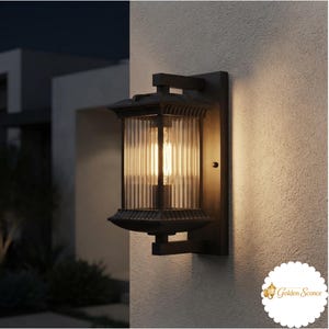May include: A rectangular outdoor wall sconce featuring a dark metal frame and vertically ribbed glass panels. The fixture is mounted to a textured wall and emits a warm, glowing light from an internal bulb, casting soft illumination outward.