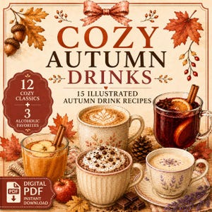 Könnte beinhalten: Ein digitales PDF-Cover mit dem Titel COZY AUTUMN DRINKS, das 15 illustrierte Rezepte, 12 gemütliche Klassiker und 3 alkoholische Favoriten enthält. Das Design zeigt vier Tassen mit Getränken, Herbstblätter, Eicheln, einen Zapfen und einen Apfel.