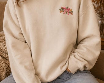Embroidered Bow Sweatshirt, Pink Bow Crewneck, Coquette Fall Sweatshirt, Autumn Floral Embroidery, Cute Cozy Gift for Her