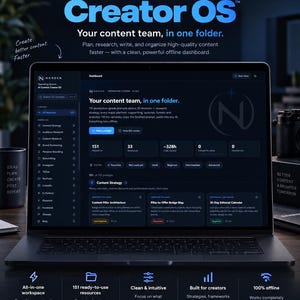 May include: A dark-themed digital product advertisement for AI Content Creator OS, featuring a laptop displaying an offline dashboard interface. The text includes 'AI Content Creator OS', 'Your content team, in one folder', and 'Built for Creators'.