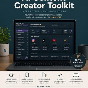 May include: An AI Content Creator Toolkit interactive HTML dashboard displayed on a laptop screen. The interface features modules for content planning, creation, and analytics, with text indicating 100% offline access and 150+ workflows.