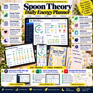 May include: A Spoon Theory Daily Energy Planner set featuring a digital dashboard on a laptop, tablet, and smartphone, alongside a spiral-bound physical workbook and printable sheets. The interface displays energy tracking, task management, and symptom logging tools with blue and yellow floral accents.
