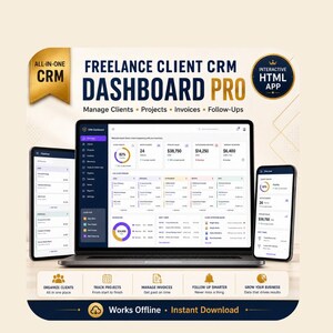 Op de afbeelding: Een digitale Freelance Client CRM Dashboard Pro-interface weergegeven op een laptop, tablet en smartphone. Het scherm toont datavisualisaties, klantpijplijnen en projectvolgtools met tekstlabels waaronder Manage Clients, Projects, Invoices en Follow-Ups.
