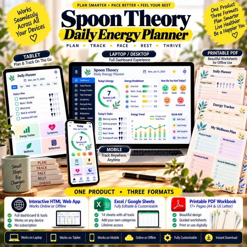 May include: A Spoon Theory Daily Energy Planner displayed across a tablet, laptop, and smartphone, featuring digital dashboards for tracking energy, tasks, and wellness. Includes printable PDF worksheets and interactive web app tools for daily planning.