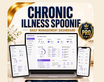 May include: A digital dashboard titled CHRONIC ILLNESS SPOONIE DAILY MANAGEMENT DASHBOARD displayed on a laptop, tablet, and smartphone. The interface features purple and white icons, a spoon tracker, symptom log, and medication schedule.