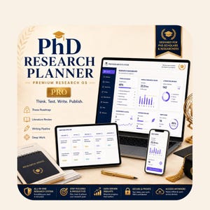 Puede incluir: Un sistema digital PhD Research Planner mostrado en una laptop, tableta y teléfono inteligente. La pantalla muestra un panel de investigación con gráficos, un flujo de escritura y una hoja de ruta de tesis. Incluye un cuaderno y un bolígrafo dorado.