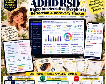 May include: A 3-in-1 ADHD RSD Rejection Sensitive Dysphoria reflection and recovery tracker digital planner set. Includes an interactive web app, Excel/Google Sheets tracker, and a printable PDF workbook with various charts, logs, and reflection prompts.