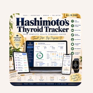 May include: A digital health planner titled Hashimoto's Thyroid Tracker displayed on a laptop, tablet, and smartphone. The screens show health metrics, symptom tracking, and energy levels. A smartwatch and a gold pen are placed on the surface.