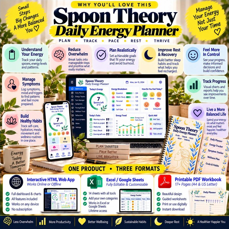 May include: A Spoon Theory Daily Energy Planner digital product display featuring a laptop, smartphone, and spiral-bound notebook. The interface shows energy tracking charts, task lists, and mood icons. Text includes Plan, Track, Pace, Rest, Thrive, and One Product Three Formats.