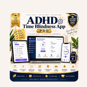 Op de afbeelding: Een digitale marketingafbeelding voor de ADHD Time Blindness App PRO met een laptop, tablet, smartphone en smartwatch die taakbeheerinterfaces tonen. Het ontwerp bevat gouden accenten, labels voor app-functies en motiverende slogans.