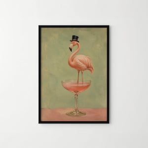 Póster de cóctel Dapper Flamingo – Lámina decorativa vintage para pared de bar
