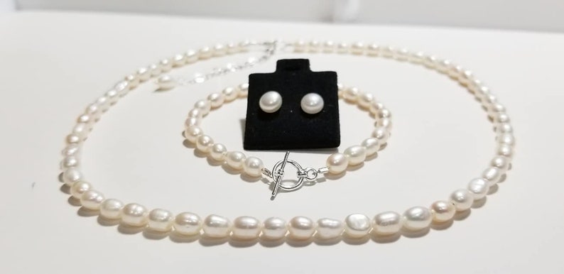 Bracelet Earrings Freshwater Pearl Jewelry Set Sterling Silver Flower Girl Set Birthday Gift Necklace First Cummunion Gift