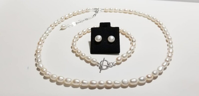 Bracelet Earrings Freshwater Pearl Jewelry Set Sterling Silver Flower Girl Set Birthday Gift Necklace First Cummunion Gift