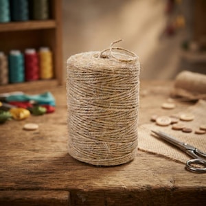 Op de afbeelding: Een cilindrische klos van natuurlijk bruin jutegaren met een strak gewonden, getextureerde vezelconstructie. Het garen wordt gepresenteerd als een enkele, rechtopstaande rol met een los uiteinde aan de bovenkant, wat de ruwe vezels toont.