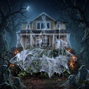 May include: A two-storey house covered in white spider webs and black spider decorations at night. The structure features multiple windows, a front porch, and is surrounded by dark, leafless trees and stone grave markers under a crescent moon.