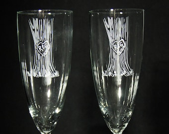 Romantic Personalized Carved Tree Bark Etched Champagne Flute Set of 2  Wedding Toasting Glasses Initials and Date