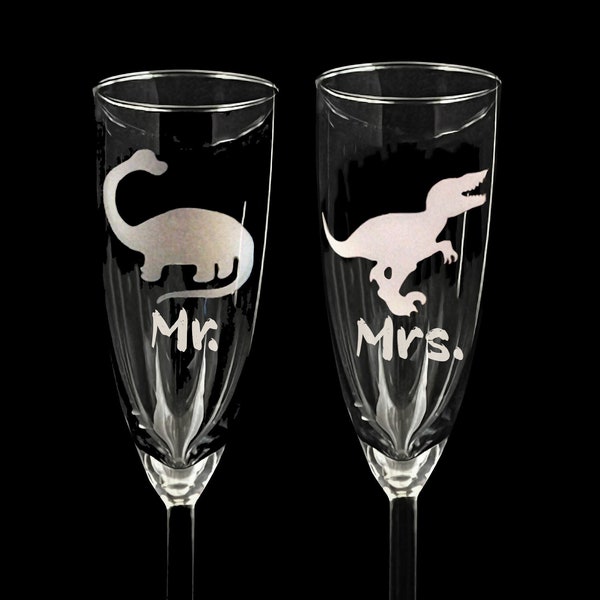 Mr & Mrs Dinosaur Engraved Champagne Flutes - Romantic and Fun Unique Wedding Gifts