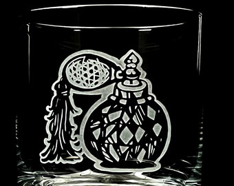 Perfumista Gift- Art Deco Ornate Perfume Bottle Design Sand Carved Etched Whiskey Rocks Glass Unique Fun Gift