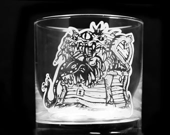 Mimic Dungeon Monster Engraved Whiskey Glass - Dishwasher Safe Lowball Treasure Chest