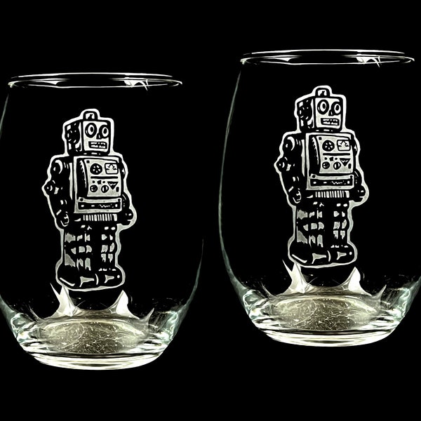 Retro Toy Tin Robot Illustration Custom Etched  Stemless Wine Glass Goblet Set of 2 Geeky Fun Romantic Gift