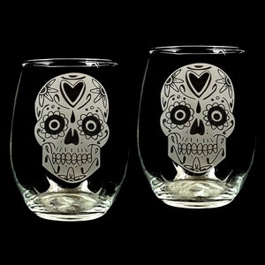 Sugar Skull Engraved Wine Glasses - Dishwasher Safe Stemless Goblets