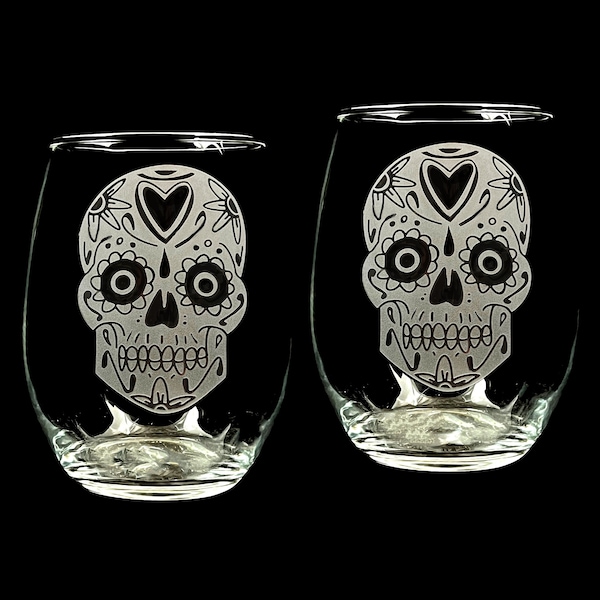 Sugar Skull Engraved Wine Glasses - Dishwasher Safe Stemless Goblets
