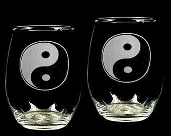 Yin Yang Engraved Wine Glasses - Dishwasher Safe Stemless Goblets