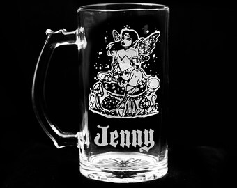 Pretty Forest Fairy on Mushroom Engraved Beer Stein Fantasy Gift