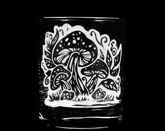 Magical Mushroom Cottagecore Engraved Whiskey Glass - Dishwasher Safe Lowball