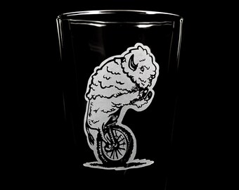 Cute Buffalo Riding a Unicycle Engraved Beer Glass - Dishwasher Safe Pint Adorable Unique Gift