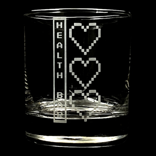 Health Bar Gamer Game 8 Bit Heart Design Custom Etched Whiskey Rocks Glass