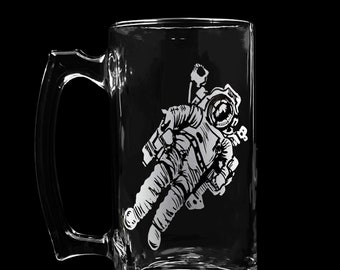 Astronaut Floating in Space Engraved Beer Glass - Dishwasher Safe Gift Stein