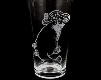 Cute Tuxedo Cat Wearing a Mushroom Hat Engraved Beer Glass - Dishwasher Safe Pint Cottagecore