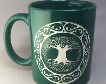 Celtic Knot Tree of Life Custom Etched Hot beverage Green Ceramic Tea Coffee Mug Lunar Luna