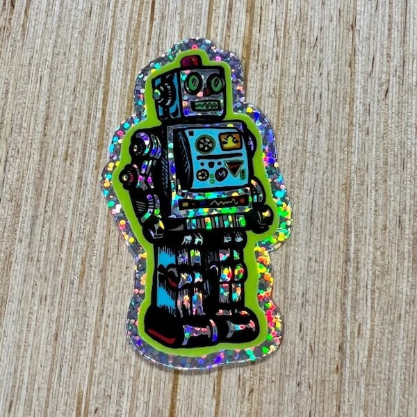 Holographic Glitter Retro Toy Tin Robot Vinyl Sticker Decal!