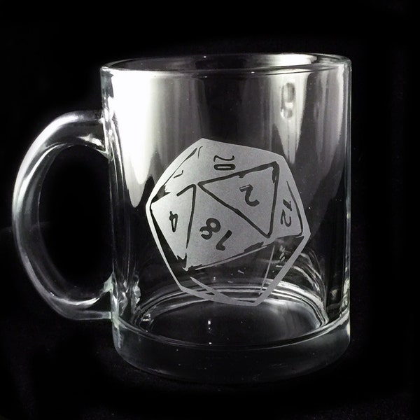 D20 Gamer Game Dice Design Custom Etched Coffee Mug Tea Cup Glass