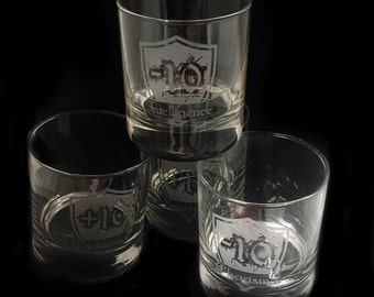 RPG Attribute Stat Glass Set of 4 Rocks Lowball Whiskey Glasses Charisma Intelligence Endurance Strength
