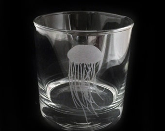 Jellyfish Custom Etched Whiskey Lowball Rocks Glass Deep Sea Illustration Tentacles