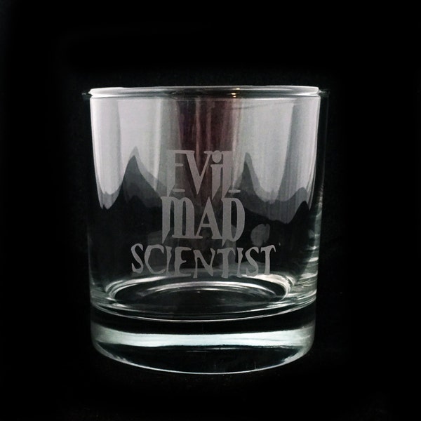 Evil Mad Scientist Etched Rocks Glass Science Villian Whiskey Lowball